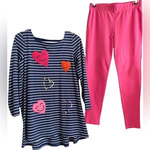 LKNEW Lands’ End Girl’s 14 PLUS Tunic Top HEARTS Navy + Pink Leggings 12 PLUS